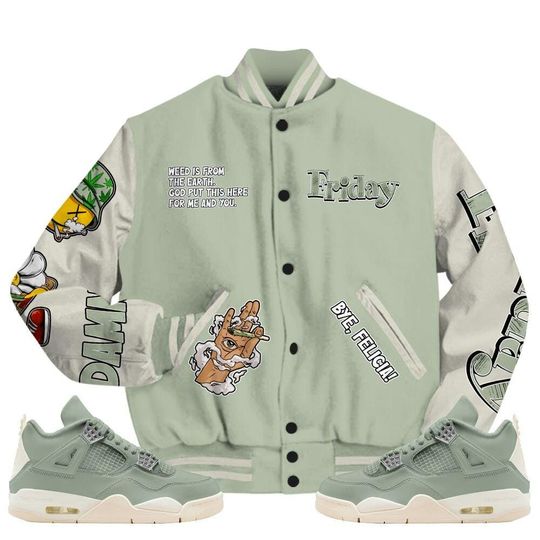 Seafoam Sail 4s Varsity Jacket, Friday Sneaker Stress Style All Over Print Baseball Jackets
