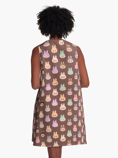 Labubu face pattern brown background A-Line Dress, Gift for Her