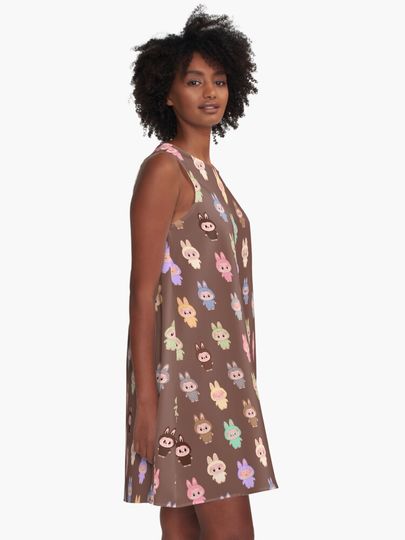 Labubu pattern brown background A-Line Dress, Gift for Her