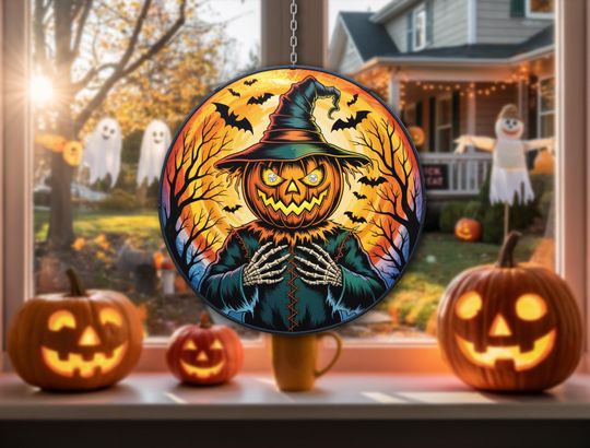 Pumpkin Scarecrow Suncatcher  Witch Hat Jack-O-Lantern with Bats, Spooky Halloween Window Hanging, Fall Gothic Home Decor