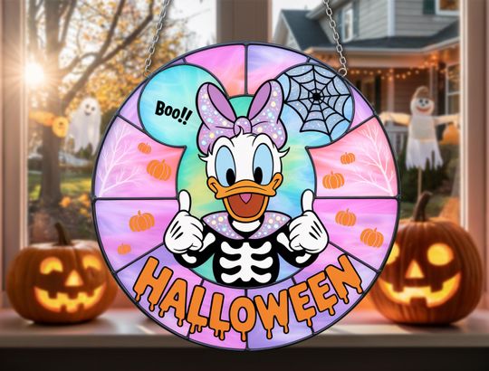 Cute Daisy Duck Halloween Suncatcher | Skeleton Costume Window Decor | Fall Cartoon Boo Ornament for Spooky Season