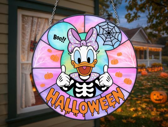 Cute Daisy Duck Halloween Suncatcher | Skeleton Costume Window Decor | Fall Cartoon Boo Ornament for Spooky Season