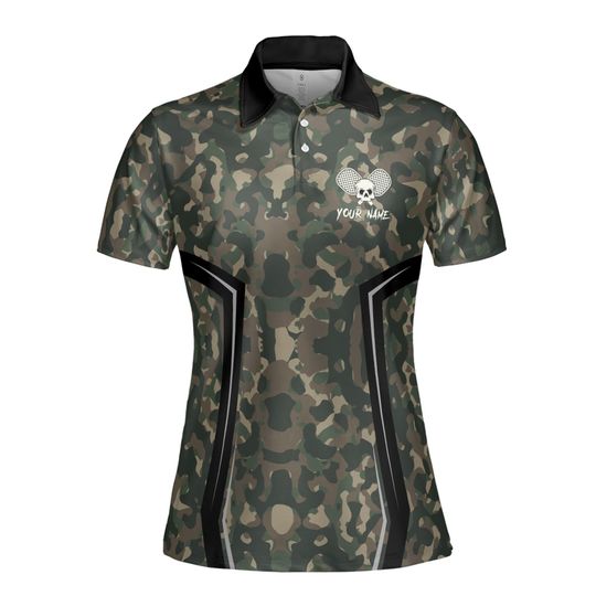 Personalized Name Camo Pattern Skull Plays Pickleball Women's Polo Shirt