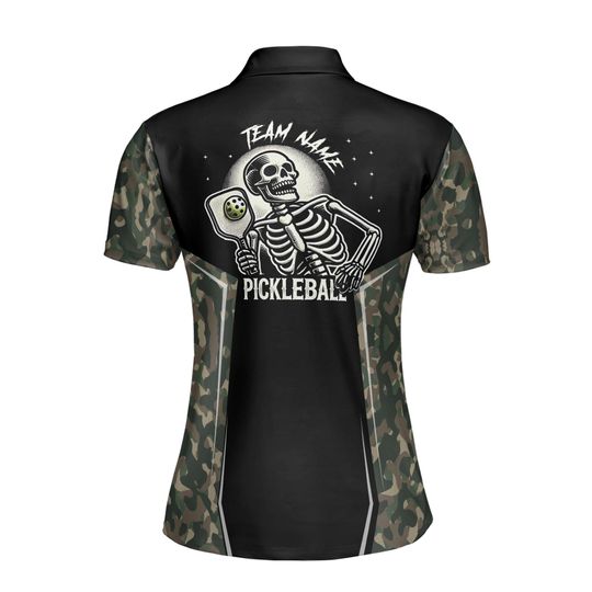 Personalized Name Camo Pattern Skull Plays Pickleball Women's Polo Shirt