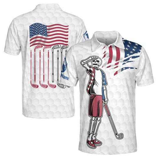 Customize Name Funny Skeleton Looking For Golf Ball American Flag Golf Polo Shirt