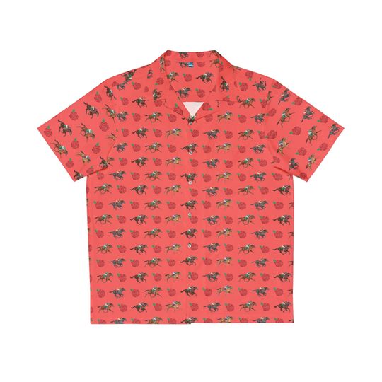 Kentucky Derby Inspired Men’s Hawaiian Shirt – Race Horse and Rose Coral Style
