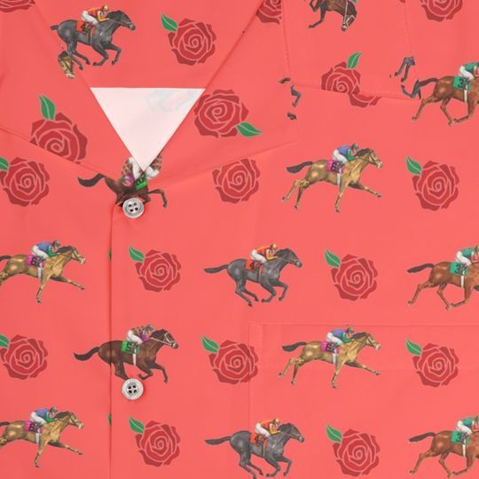 Kentucky Derby Inspired Men’s Hawaiian Shirt – Race Horse and Rose Coral Style