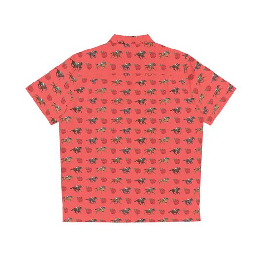 Kentucky Derby Inspired Men’s Hawaiian Shirt – Race Horse and Rose Coral Style