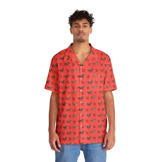Kentucky Derby Inspired Men’s Hawaiian Shirt – Race Horse and Rose Coral Style