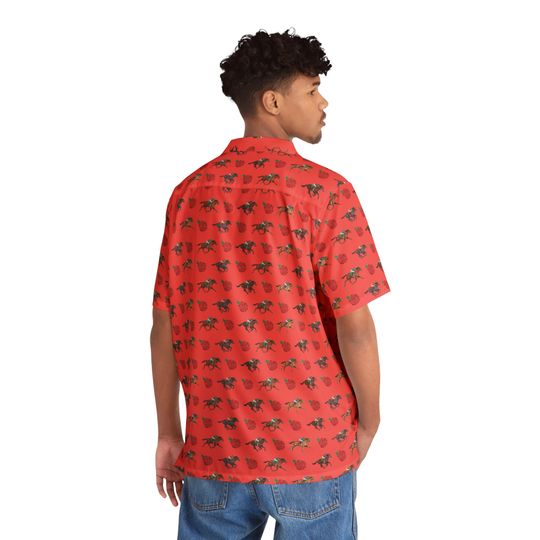 Kentucky Derby Inspired Men’s Hawaiian Shirt – Race Horse and Rose Coral Style