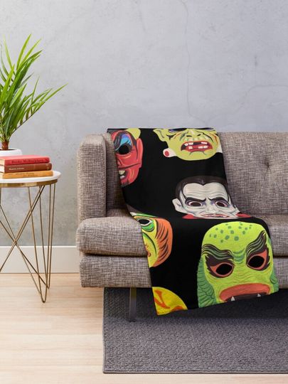 Vintage Halloween Masks Throw Blanket