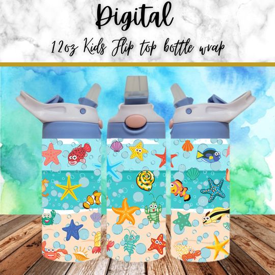Sea 300dpi 12oz Kids Flip top Sippy cup Tumbler Wrap, Ocean/Beach/Fish/Sand