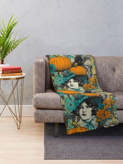 Vintage Halloween Lady with Pumpkins and Teal Florals Throw Blanket