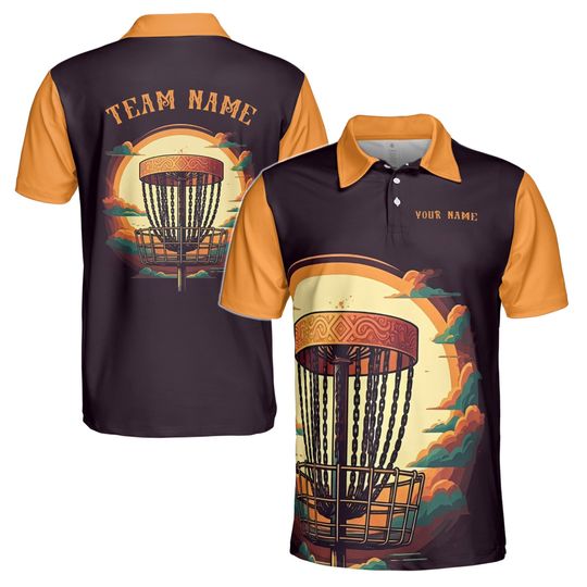 Custom Name Team Retro Disc Golf Black Orange Sunset Men's Polo Shirt