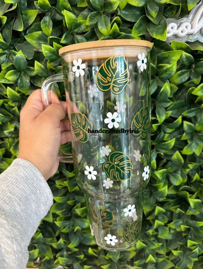 40 oz Glass Tumbler with Monstera Leaf Design, Leaf Pattern, and Cute Leaves