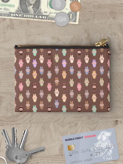 Labubu pattern brown background Zipper Pouch, Cute Bags Gift, Gift for Fan