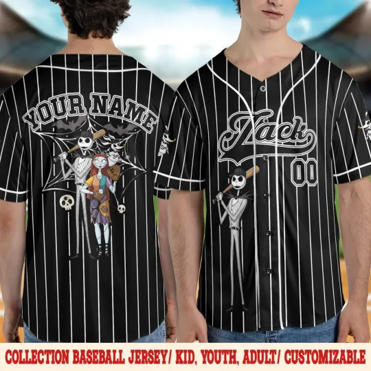 Personalized Jack And Sally Playing Baseball Halloween Baseball Jersey Shirt