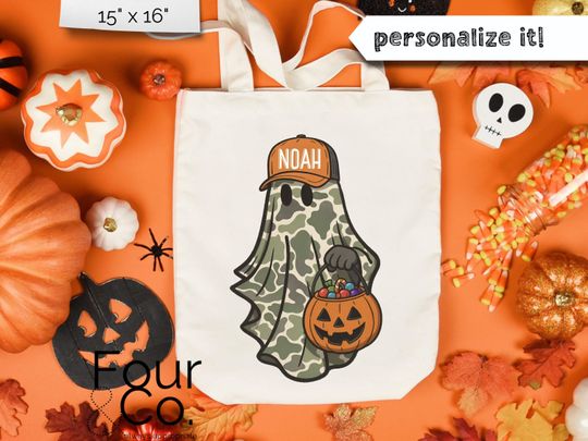 Camo Ghost Halloween Tote, Boys Trick or Treat Bag, Camo Halloween