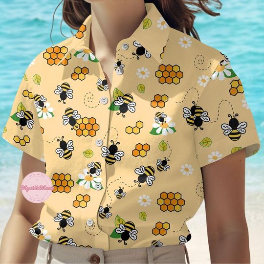 Bee Button Hawaiian Shirt, Buzzing Bee Tropical Short Sleeve Shirt