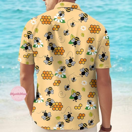 Bee Button Hawaiian Shirt, Buzzing Bee Tropical Short Sleeve Shirt