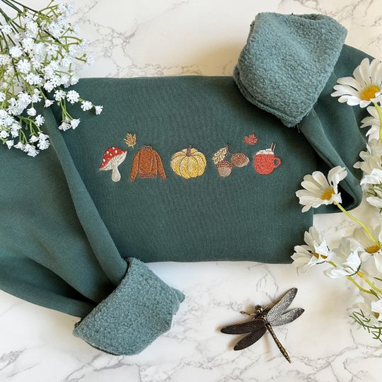 Embroidered Fall Sweatshirt, Cozy Autumn Pumpkin & Mushroom Design