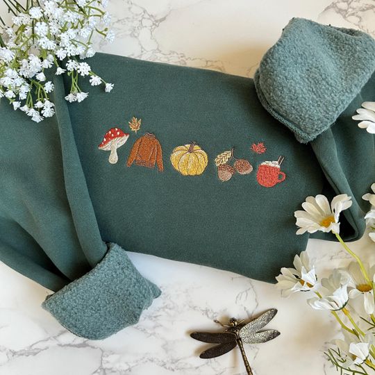 Embroidered Fall Sweatshirt, Cozy Autumn Pumpkin & Mushroom Design