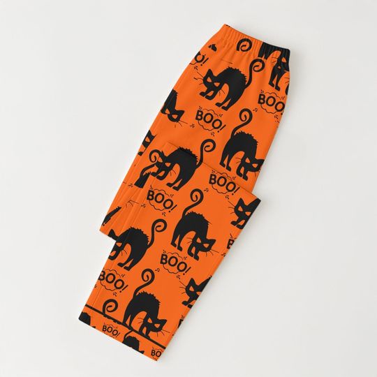 BOO Black Cat Pajamas Set, Orange Halloween Sleepwear, Spooky Season Matching Set, Witchy Cat Pajamas, Trick Or Treat Night Homewear