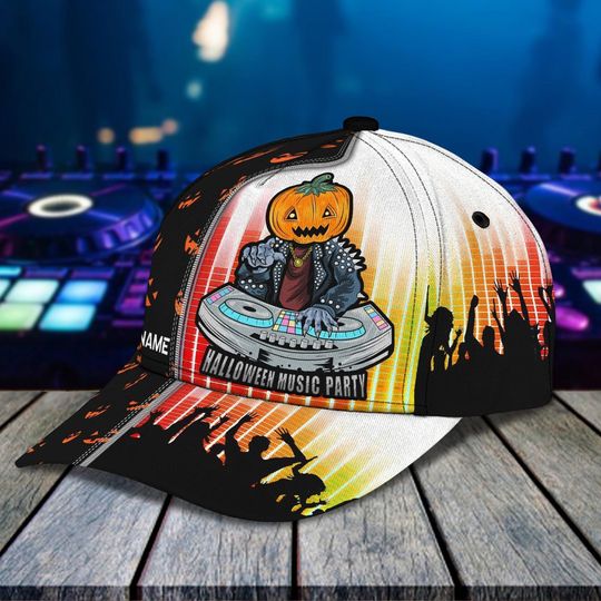 Custom Name Pumpkin DJ Halloween Cap with Jack-o'-Lantern and Crowd Graphic