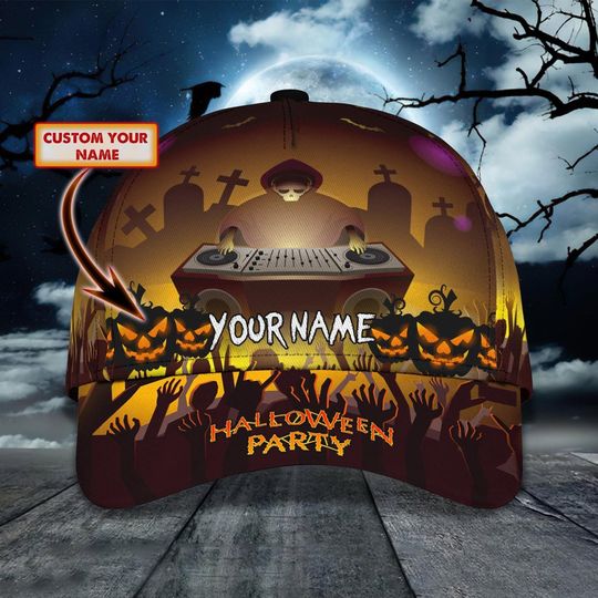 Custom Name Halloween DJ Cap with Spooky Skeleton Graveyard Design for Costume