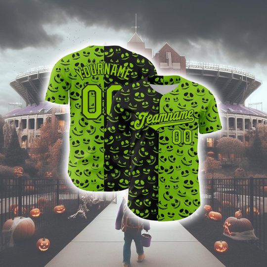 Personalized Halloween Horror Baseball Jersey, Custom Neon Green Black 3D Pattern Rave Pumpkin Design