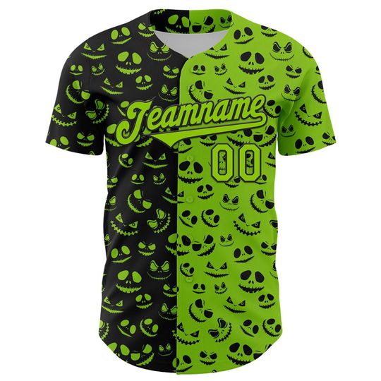 Personalized Halloween Horror Baseball Jersey, Custom Neon Green Black 3D Pattern Rave Pumpkin Design