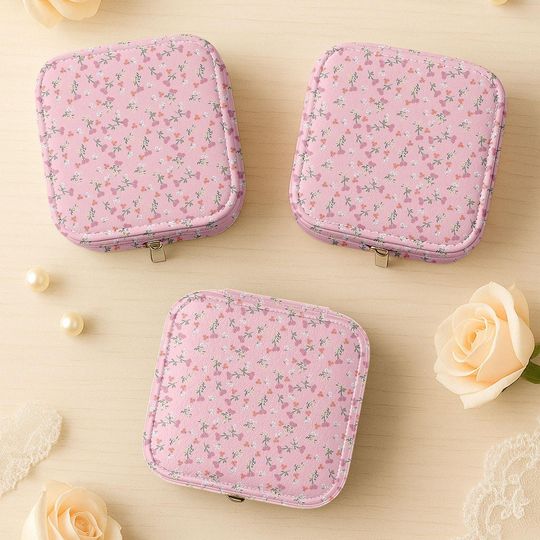 Baby Pink Floral Jewelry Box, Small Flower Ring Case for Travel, Dainty Organizer Gift for Her, Bridesmaid Mini Jewelry Holder