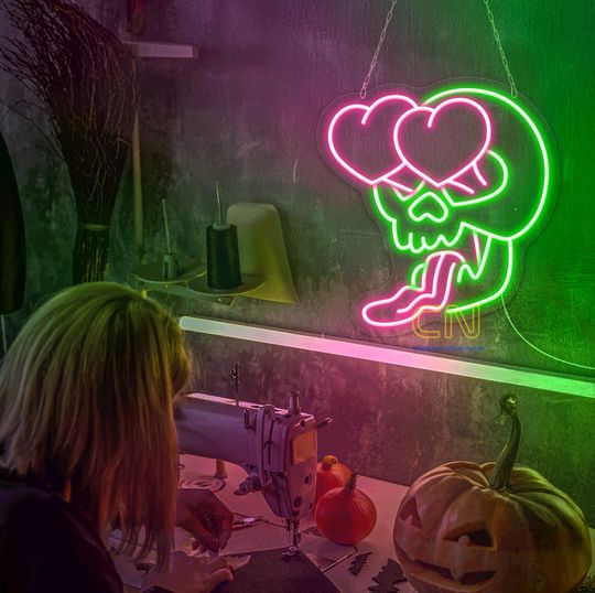 Skull Head Neon Sign, Skull With Heart Eyes, Funny Skull Halloween