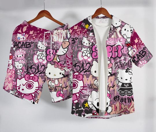 Hello Kitty Hawaiian Shirt Tropical Button Up Shirt Aloha Hawaii Set
