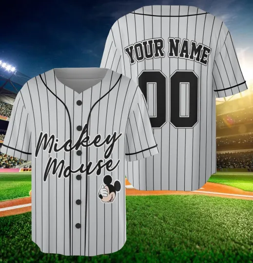 Personalized Mickey Mouse Simple Striped Grey Baseball Jersey Shirt