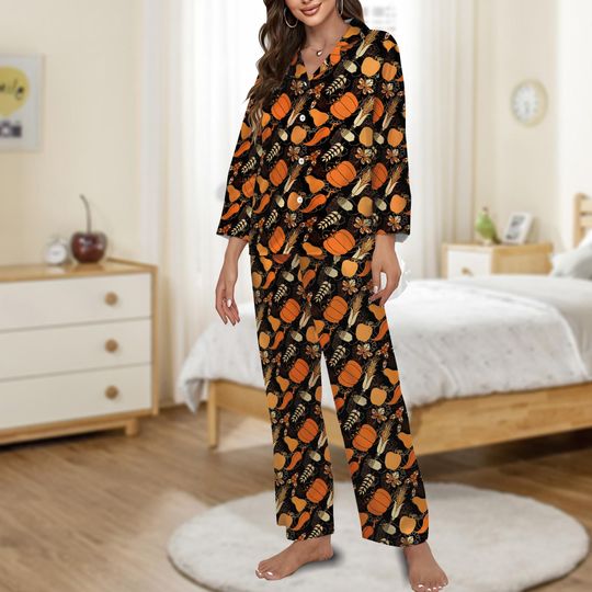 Retro Thanksgiving Pajamas Set, Fall Pumpkin Corn Loungewear