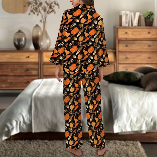 Retro Thanksgiving Pajamas Set, Fall Pumpkin Corn Loungewear