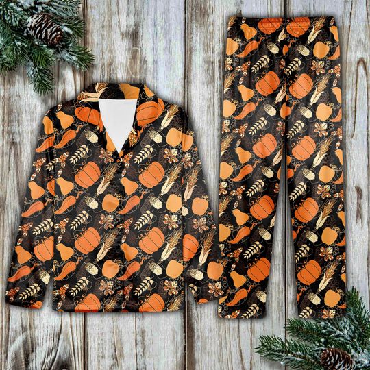 Retro Thanksgiving Pajamas Set, Fall Pumpkin Corn Loungewear