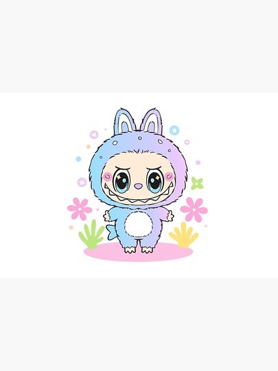 Pastel Blue and Purple Labubu with Flowers Bath Mat, For Bathroom, For Kitchen