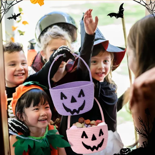 Trick or Treat Basket with Handle Candy Bucket Gift Bags Cute Pumpkin Pattern