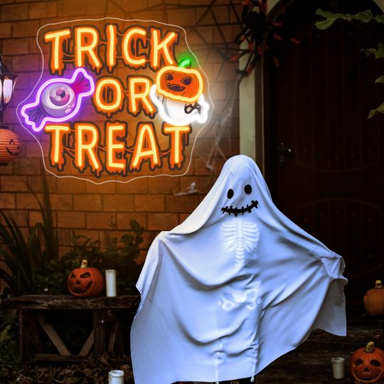 Trick OR Treat Halloween Neon Sign,Custom Led Neon Light Halloween Party Decor,Ghost Light Up Sign, Personalized Home Gift, Halloween Gift