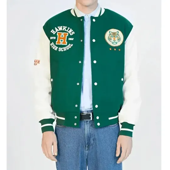 Letterman Stranger Things Hawskin Stadium Green and White Varsity Jacket