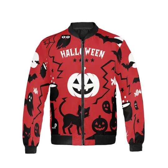 Personalized Halloween Pumpkin Face Black Cat Bomber Jacket