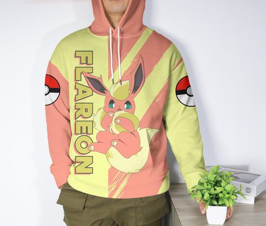 Flareon Hoodie- Custom Name Anime Gift - Cute Fire Fox Pullover
