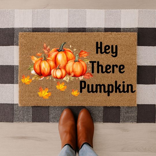 Hey There Pumpkin Doormat: Natural Coir Fall Porch Decor