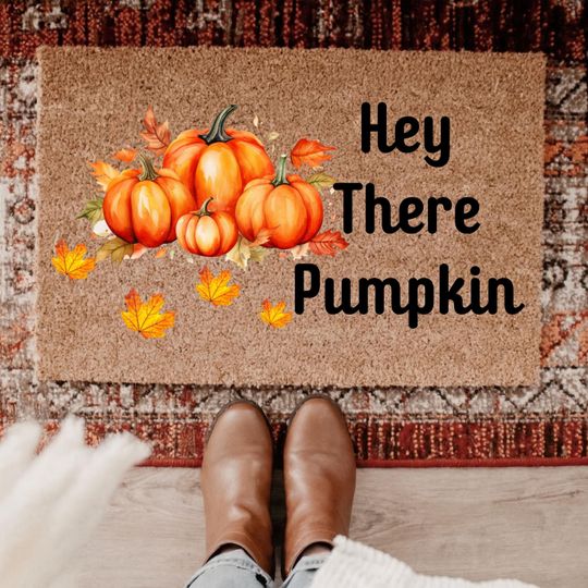 Hey There Pumpkin Doormat: Natural Coir Fall Porch Decor