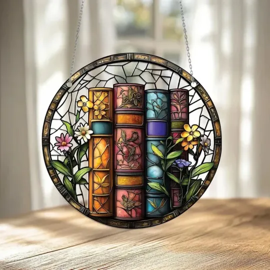 Bookshelf Stained Glass Suncatcher, Window Hanging Decor