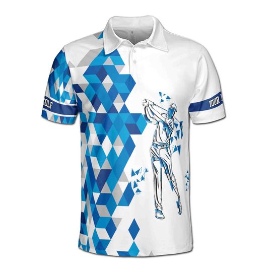 Custom Name Blue Diamond Pattern Golfer Men's Polo Shirt, Golfer Gift