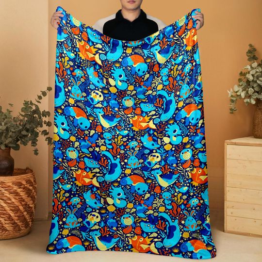 Magikarp and Squirtle Fleece Blanket, Cozy Throw Blanket with Water Type Pattern