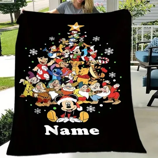 Personalized Christmas Tree Blanket with Animated Characters